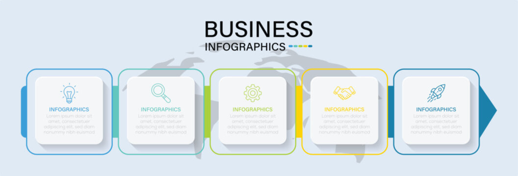  Info graphic design with icons and 5 options or steps. Vector timeline info graphic with four square connected elements. Can be used for process diagrams, presentations, workflows.