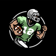 American football player with ball logo, emblem on dark background.