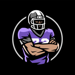 American football player logo, emblem on dark background.
