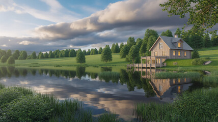 Obraz premium Peaceful Countryside Lake House Reflection. lake, village, landscape, nature
