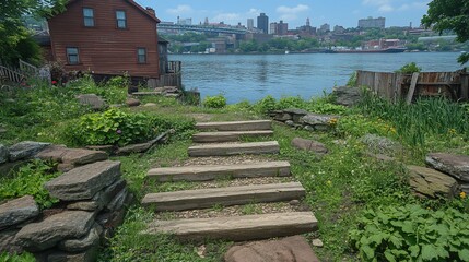 Rustic Wooden Steps Leading to River View with Distant Cityscape.