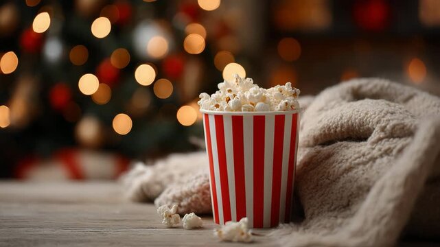 A red and white striped popcorn bucket filled with popcorn on a wooden table with a cozy blanket and christmas lights