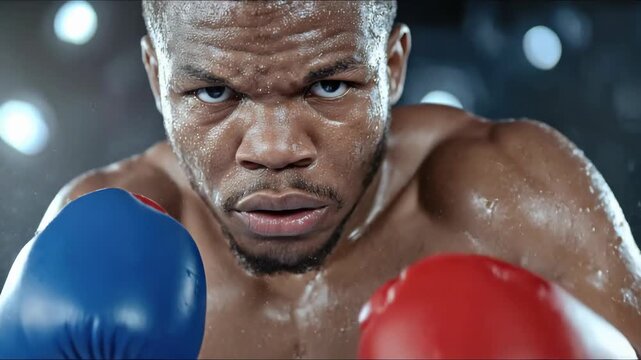 A focused athlete with sweat glistening on his face stares intensely, ready for a challenging boxing match in a dramatically illuminated sports arena with spotlights