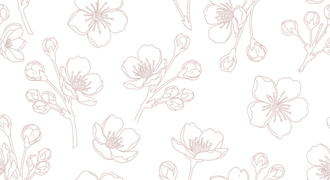 Seamless cherry blossom floral vector clipart pattern in pastel pink line art style