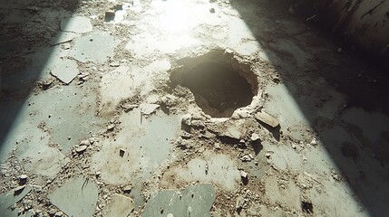 Sunlit Hole in Cracked Concrete Floor Abandoned Building Interior High Angle View.