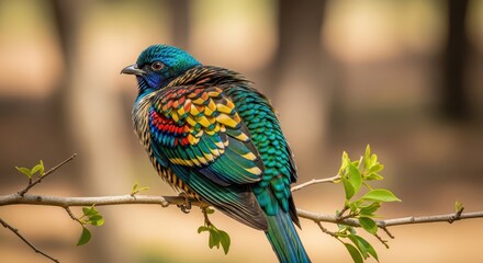 Obraz premium Highly iridescent and vibrantly colored tropical avian specimen perches upon a small branch