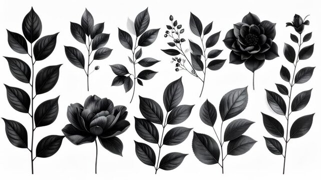 Collection of elegant black floral and leaf branches on a white background