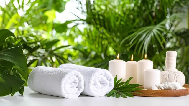 Spa relaxation setting with rolled white towels, lit candles, and herbal compress against lush green foliage