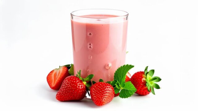 Refreshing strawberry milkshake in a glass with fresh berries and mint leaves