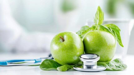 Vibrant Green Apples with Stethoscope A Symbol of Healthy Living and Medical Wellness.