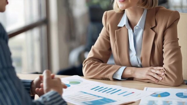 A professional business meeting discussing graphs and data analysis with detailed reports on the table.