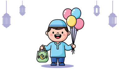 Fototapeta premium Cartoon boy holding balloons and bag standing against light purple background