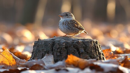 Wren Perched on Tree Stump in Autumnal Light Forest Floor Scene.