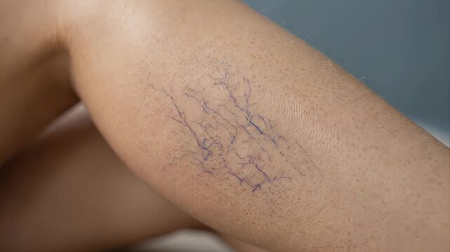 Close up of female legs with varicose and spider veins, a common symptom of chronic venous insufficiency, vascular disease, and circulatory problems requiring medical treatment