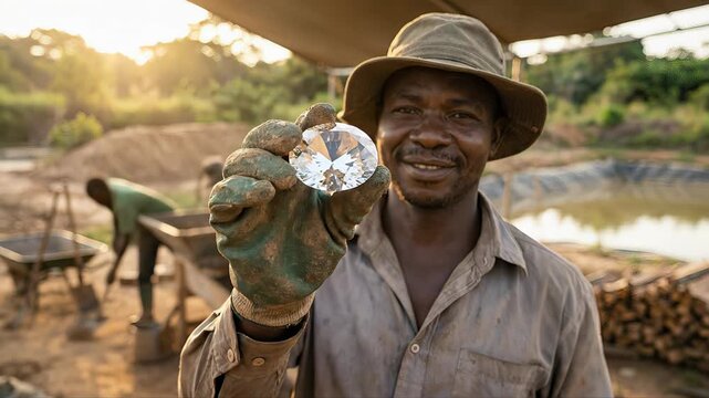Proud african miner smiling while holding up a large, uncut diamond at a mining site. Another worker is visible in the background, sifting through soil in a rural, sunlit setting