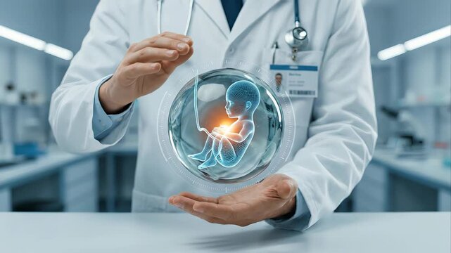 Male doctor in a modern fertility clinic holding hands around a levitating holographic embryo, representing futuristic ivf technology, reproduction, and advanced genetic engineering
