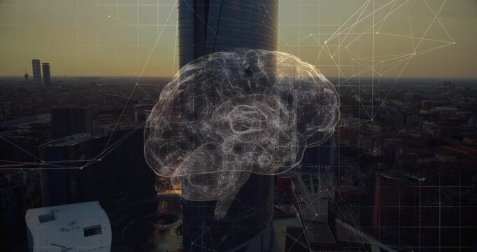 Sun activating hologram brain, wireframe rotating, tilting and pulsing revealing lobes over tower