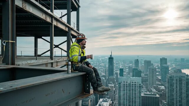 Brave construction worker sitting on a steel girder at great height, enjoying a coffee break while overlooking the expansive cityscape, representing courage, labor, and a moment of rest