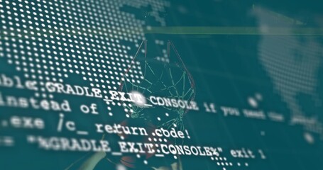 Displaying polygonal humanoid head floating in virtual console, with console code and dotted map