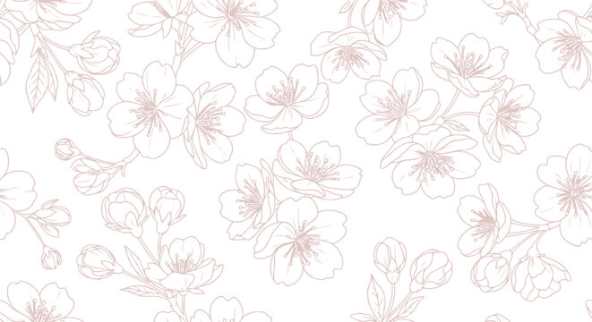 Seamless cherry blossom floral vector clipart pattern in pastel pink line art style