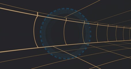Fototapeta premium Displaying wireframe tunnel in virtual corridor, with golden grid lines and cyan protractor overlay
