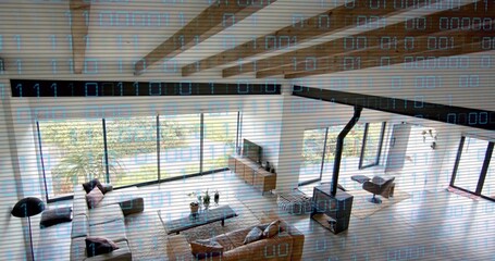 Naklejka premium Showing living room with sectional and leather sofa, TV, wood stove, exposed beams, binary overlay