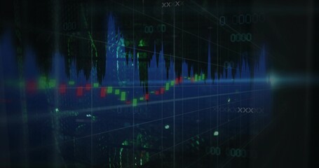 Naklejka premium Rendering 3D financial chart on virtual trading platform, with candlestick bars and light flare