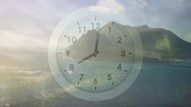 Translucent analog clock dial appearing, hands rotating clockwise, glare shifting showing time flow