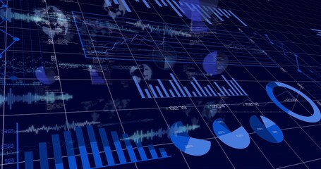 Displaying 3D analytics dashboard floating on navy grid plane, with bar charts, line graphs, donut