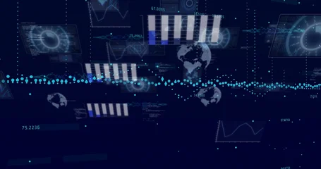 Fotobehang Buffet Displaying cyan dotted waveform on navy dashboard showing bar charts, radar HUDs, numeric readouts  © vectorfusionart