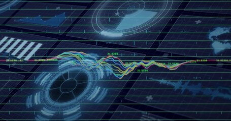 Displaying multicolor wavy line graph with circular HUD on virtual dashboard, showing readouts