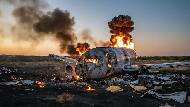 Wreckage of a crashed passenger plane burning and exploding on the ground at sunset. The fuselage is engulfed in flames and thick black smoke, with debris scattered around the disaster site