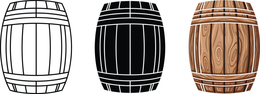 Collection of wooden barrel icons in outline silhouette and realistic styles perfect for vintage design beverage branding or historical concepts