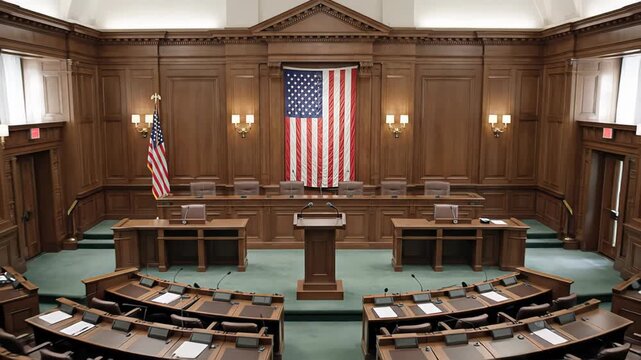 Empty american courthouse or senate chamber featuring a wooden podium with microphones, a judge's bench, and a large united states flag hanging on the wood paneled wall, symbolizing justice and law