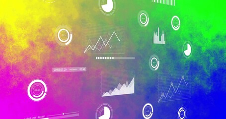 Displaying translucent data visualization cluster floating in virtual dashboard, with line charts