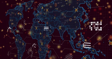 Displaying neon global map in virtual dashboard, showing connector lines, nodes, pixel clusters © vectorfusionart