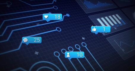 Floating cluster of blue notification badges hovering over digital grid, showing analytics charts