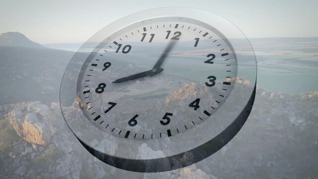 Translucent clock fading in over coastline, hands accelerating clockwise, visualizing elapsed time