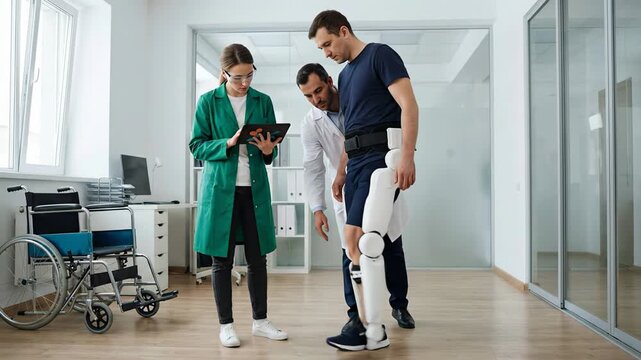 Patient undergoing physical therapy in a robotic exoskeleton, assisted by a physiotherapist and an engineer, improving mobility and motor functions in a modern rehabilitation clinic