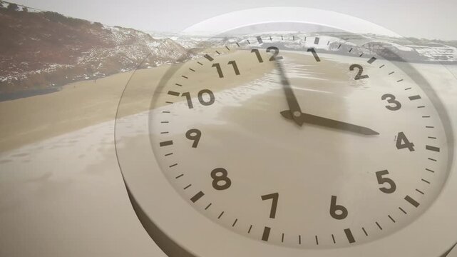 Clock overlay appearing over aerial coastline, hands sweeping clockwise, accelerating, marking time