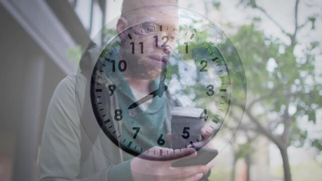 Man glancing at phone and sipping coffee in city for business, clock overlay tracking time