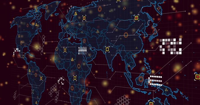 Displaying neon global map in virtual dashboard, showing connector lines, nodes, pixel clusters