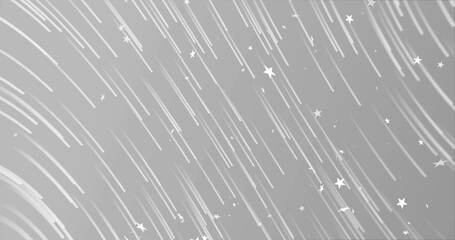 Sweeping monochrome celestial scene showing curved light streaks across night sky, with star motifs