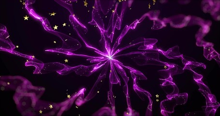 Fototapeta premium Radiating central magenta light core emitting mesh ribbon streams in black backdrop with gold stars