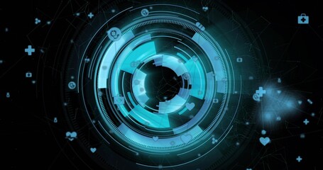 Rotating central circular interface scanning medical HUD, showing rings, hearts, padlock, nodes