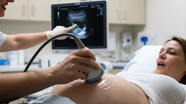 Happy pregnant woman having an ultrasound examination in a hospital room while a gynecologist shows her the baby on the monitor. Professional medical care and modern technology in gynecology