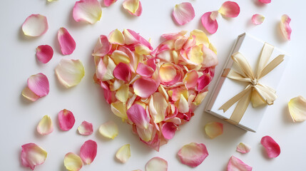 Heart-shaped arrangement of rose petals with gift box on white background  