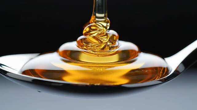 Viscous golden honey pouring in a thick stream onto a shiny metal spoon against a dark background, creating beautiful textures and reflections in an oddly satisfying and calming display. ASMR