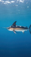 Fototapeta premium Large billfish swims just beneath the bright surface of deep blue ocean water