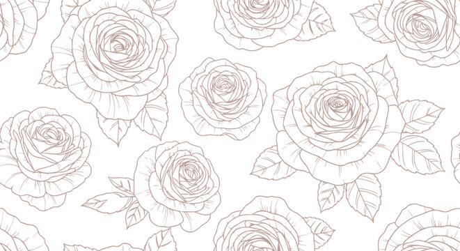 Seamless Rose Flower Pattern Vector Clipart, Elegant Floral Line Art Background Design